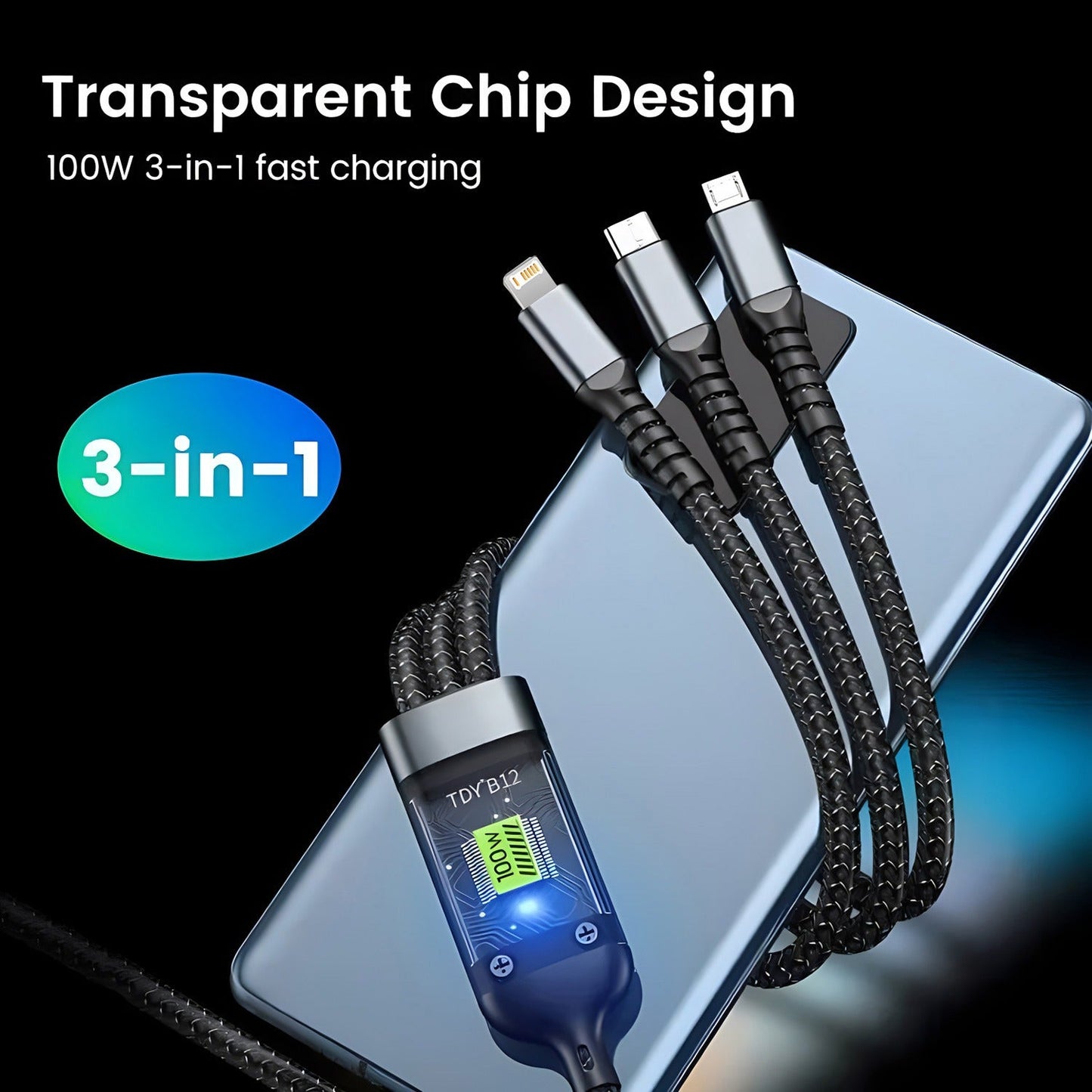 100W 5A Fast Charging 3-In-1 USB Cable – Multi Charging Cable With Type-C, Micro USB & Lightning Connectors | Durable & High-Speed Data Transfer